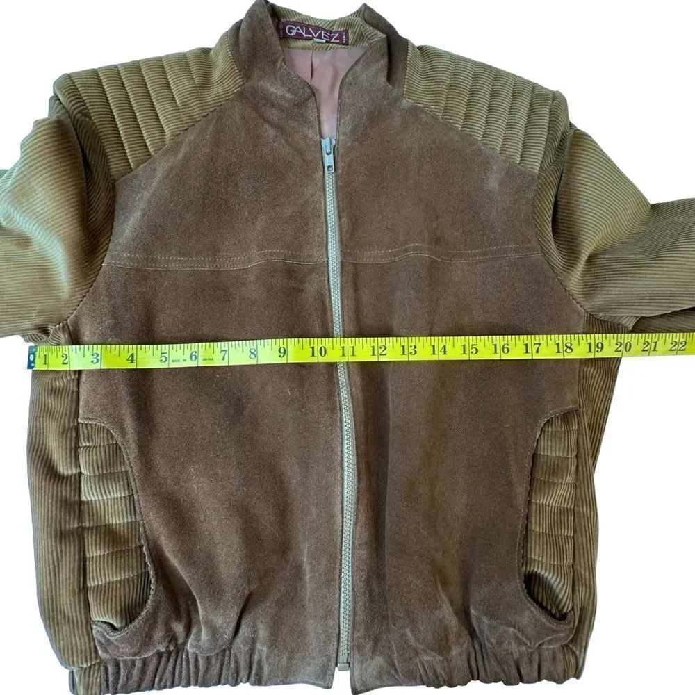 GALVEZ Vintage Copper Brown Suede & Corduroy Zip Front Jacket Size 13/14